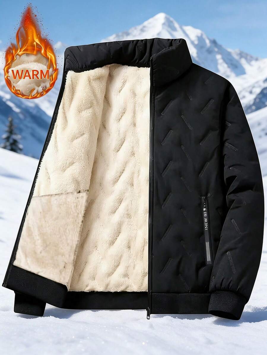 Men's Stand Collar Thermal Lined Thick Padded Coat, Solid Color Versatile Outerwear For Autumn/Winter - Black - View 1