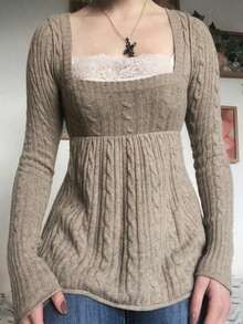 90s Fashion Women's Pullover Doll Square Neck Sweater, Featuring Cable Knit Details, Long Sleeves And Square Neck Design, Medium Stretch Fabric, Autumn Outfit Essential - Khaki - View 7