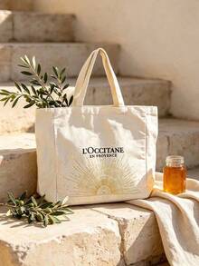 Vintage Gold Sun Print Canvas Tote Bag, Large Capacity Portable Shoulder Handbag, Reusable Shopping Bag, Cosmetic Storage Bag, Daily Commute Travel Gift, L'Occitane Canvas Tote Bag - White - View 1