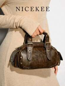 Metal Rivet Belt Buckle Decor Zipper Closure Vintage Boston Small Bag, Suitable For Daily Commute, Dating, Travel, Exquisite Handbag, Crossbody Bag, Versatile Shoulder Bag, Portable Bag, Casual Mini Bag - Coffee - View 2