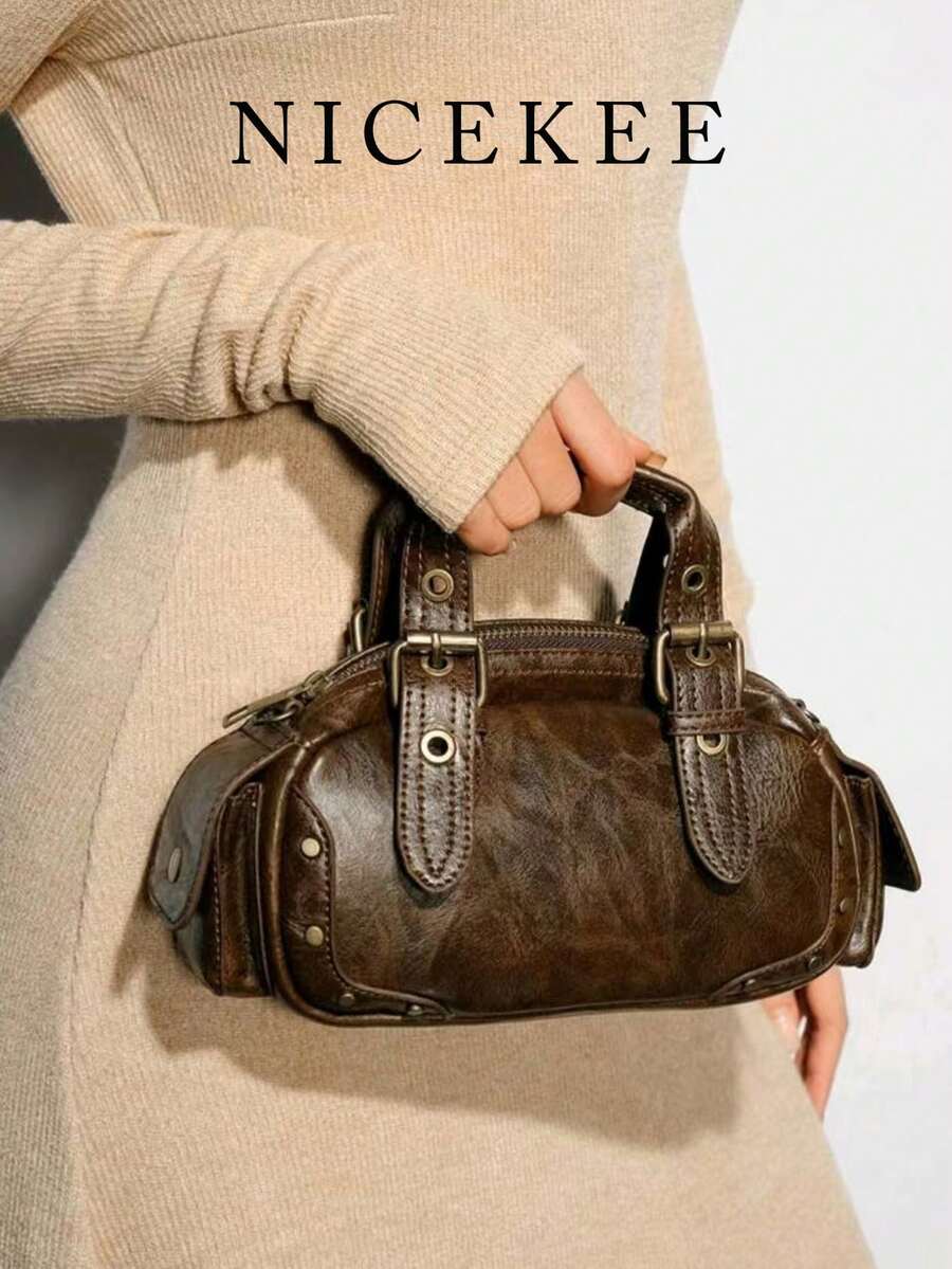 Metal Rivet Belt Buckle Decor Zipper Closure Vintage Boston Small Bag, Suitable For Daily Commute, Dating, Travel, Exquisite Handbag, Crossbody Bag, Versatile Shoulder Bag, Portable Bag, Casual Mini Bag