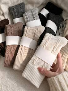 1/4/8 Pairs Autumn Winter Style Japanese All-Match Solid Color Relief Jacquard Thick Warm Long Socks - Multicolor - View 3