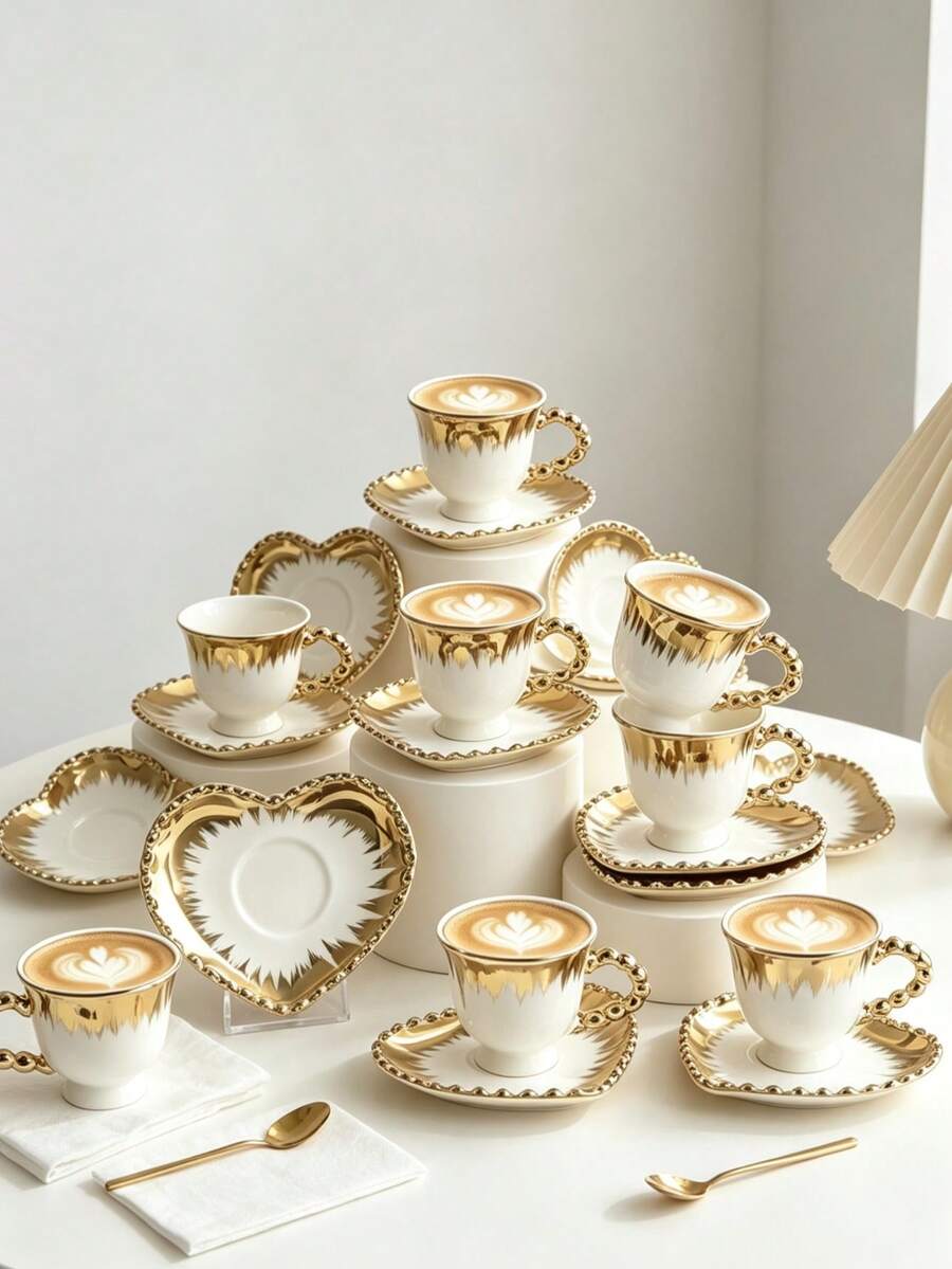 6pcs/1pc 90ml Heart-Shaped Ceramic Coffee Cup & Saucer Set, Microwave & Dishwasher , Espresso & Arabic Coffee Cup, Saudi National Day Gift, Suitable For Afternoon Tea, Cafe, Kitchen - Multicolor - View 1