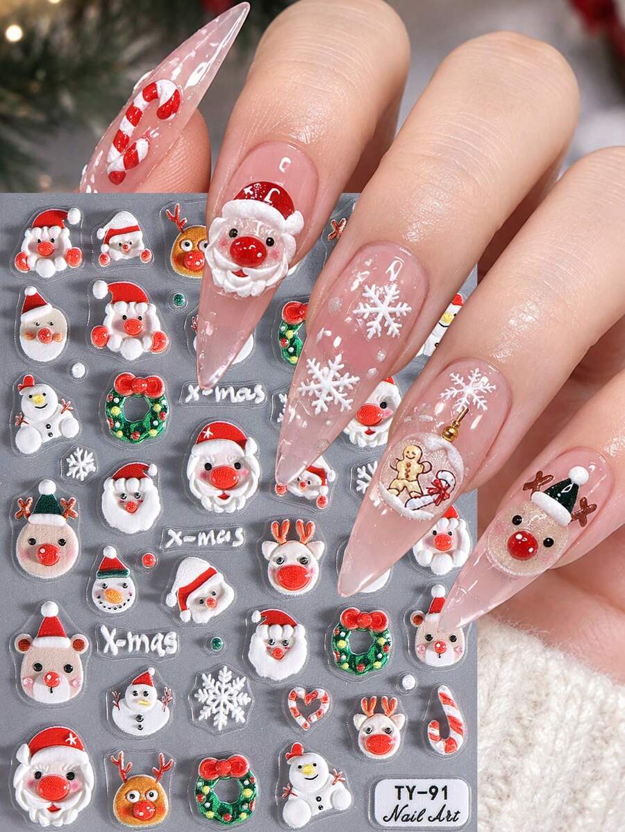 1件 5D 浮雕聖誕美甲貼紙,可愛卡通聖誕老人、馴鹿、雪人、薑餅人、雪花自黏式美甲貼花,聖誕 DIY 美甲裝飾,美甲用品 - 彩色 - 查看 1