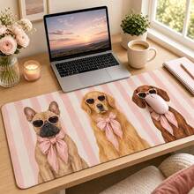 Pink Fashion Glasses Dog Extended Mouse Pad, French Bulldog Golden Retriever Dachshund Bow Illustration Large Desk Mat, Non-Slip Smooth Fabric + Natural Rubber, Suitable For Home Office Gaming Study Desk, 4 Sizes Available - View 3