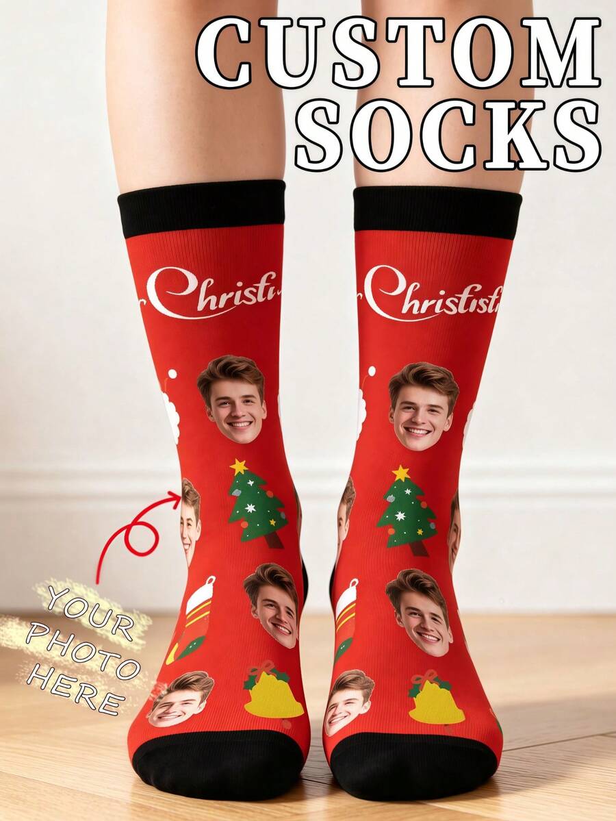 Custom Face Christmas Socks, Personalized Xmas Tree Bell Mid-Calf Crew Socks, Custom Photo Holiday Gift Socks - Multicolor - View 1