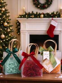 6pcs/Set Frosted Christmas Gift Bags For Parties – Reusable Tote Bags With Handles And Ribbon Bows; Suitable For Weddings, Baby Showers, And Holiday Gifts; Transparent Gift Bags - Multicolor - View 5