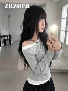 Design Contrast Color 2 In 1 Asymmetric Shoulder Long Sleeve T-Shirt, Sweet Cool Hot Girl Style Versatile Slim Fit Top - Light Grey - View 4