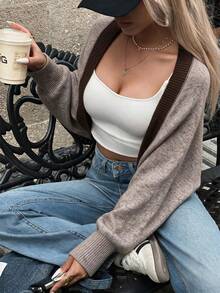 Women's Casual Cute Y2K Style Ribbed Cropped Minimalist Knit Cardigan Sweater, Suitable For Spring And Autumn Outfits, Back To School, Dates, Holidays, Long Sleeve Design - Maroon - View 6