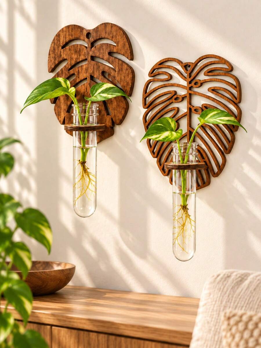 3/1pc Monstera Leaf Wall Hanging Plant Propagation Stand With Test Tubes, Creative Hydroponic Plant Storage Rack Plastic Test Tube Culture Rack, Bohemian Style Hydroponic Wall Decor, Suitable For Living Room, Bathroom, Home Wall Hanging Flower Rack - Multiple Styles - View 1