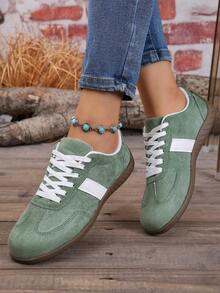 Women's Retro Training Shoes, Colorblock Suede-Like Casual Sneakers, Lightweight Soft Sole Lace-Up Flat Shoes, Breathable Versatile Daily Wear For Spring And Autumn - Green - View 5