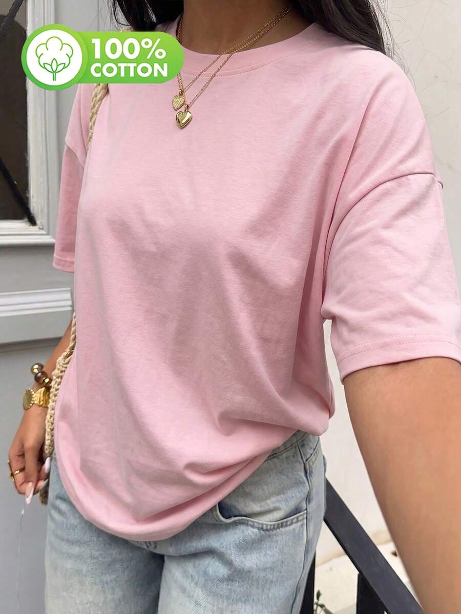 Women's Fashion Casual Top - Spring/Summer Pure Black Round Neck Sexy Comfortable Fit - Pink - View 1