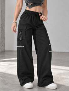 Women's Multi-Pocket Cargo Pants With Drawstring Waist, Zipper Pockets And Straight Leg Fit For Casual Streetwear. - Black - View 6