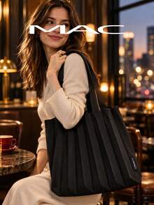 MAC Black Pleated Knit Tote Bag, Large Capacity Lightweight Shoulder Handbag For Daily Shopping Work - Black - View 5