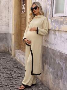 Bump Style Maternity 2-Piece Outfit Beige: Non-Stretch Long Sleeve Top & Wide Leg Pants With Contrast Trim - Apricot - View 3