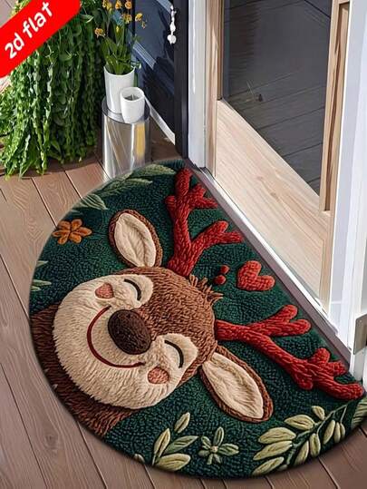 2D Flat Print Christmas Cute Reindeer Pattern Doormat, Soft Plush Welcome Mat, Machine Washable, Foldable, Suitable For Bathroom, Kitchen, Living Room, Bedroom And Entrance Use, Christmas New Year Decoration Gift, 2D Flat Style