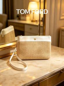 TOM FORD White Straw Clutch, Women's Luxury Evening And Vacation Handbag - Blue and White - View 3