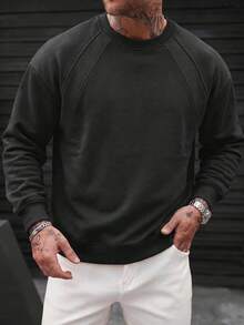 1pc Crew Neck Long Sleeve Sweatshirt, Loose Casual Fit, Shoulder Patchwork Design, Ribbed Cuffs And Hem, Minimalist Sporty Casual Top, Suitable For Daily Commute, Travel, Fitness, Autumn/Winter Wear - Black - View 1