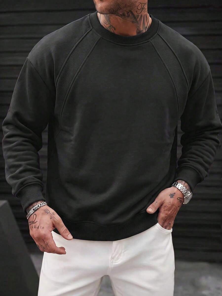 1pc Crew Neck Long Sleeve Sweatshirt, Loose Casual Fit, Shoulder Patchwork Design, Ribbed Cuffs And Hem, Minimalist Sporty Casual Top, Suitable For Daily Commute, Travel, Fitness, Autumn/Winter Wear - Black - View 1