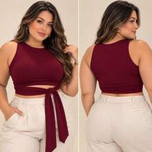Cropped Regata Laço Plus Size Amarração Lateral Suplex Elegante Chic Confortável Festa Escritorio Noite Casual Estilosa Tendencia Moda Primavera Verão 2026 - bordô - Visão 4