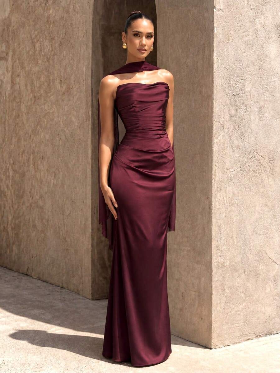 UNITHORSE Strapless Ruffle Tie Waist Satin Evening Dress - Maroon - View 1
