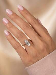 1pc 18K Gold Plated Luxury White Gemstone Ring, Oval Center Stone Ring, Twisted Cross Band, Exquisite Holiday Party Gift For Women - Yellow Gold - View 2