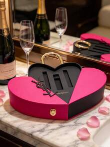 Yves Saint Laurent Heart-Shaped Pink & Black Cosmetic Storage Box With Gold Handle, Suitable For Organizing Makeup Accessories, Fashionable & Cute With A Touch Of Luxury - Pink - View 2