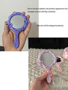 Pearlescent Wavy Edge Handheld Makeup Mirror, 3D Bow Princess Handle Mirror, Girly Portable Touch-Up Mirror, Ins Vintage Sweet Vanity Mirror - Multicolor - View 7