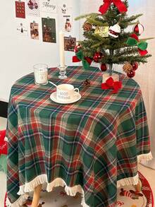 1pc Green & Red Plaid Tablecloth With Lace Trim, Classic Nordic Style Christmas Tablecloth For Christmas Eve Party Dining Table, Coffee Table, Desktop Decoration - Green Red + Lace - View 2