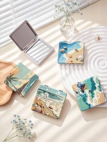1PC Vintage Ocean Series Portable Vanity Mirror, Foldable Lightweight Ultra-Thin Convenient Hand Mirror, PU Leather, Suitable For All Scenarios And All People, Foldable Small Square Mirror, Pocket Mirror, Classic Beach Shell Starfish Coconut Tree Printed Pattern Design, Exquisite Handheld 180° Flip Cover Multifunctional Mini Mirror - Multicolor - View 1
