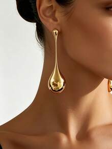 1 Pair Shiny Metallic Water Drop Long Dangle Earrings, Smooth 3D Large Water Drop Design, Women's Evening Party Elegant Minimalist Luxury Accessory - Yellow Gold - View 2