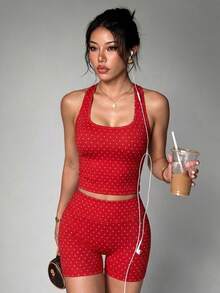 2pcs Polka Dot Seamless Halter Neck Cropped Tank Top + High Waist Butt Lifting Biker Shorts, Women's Elastic Fitness Yoga Gym Workout Set Sports Red - Red - View 2
