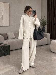 Women Fall Elegant Casual Beige Mandarin Collar Frog Button Long Sleeve Jacket & Pants Two Pieces Set For Daily Going Out Vacation - Apricot - View 1