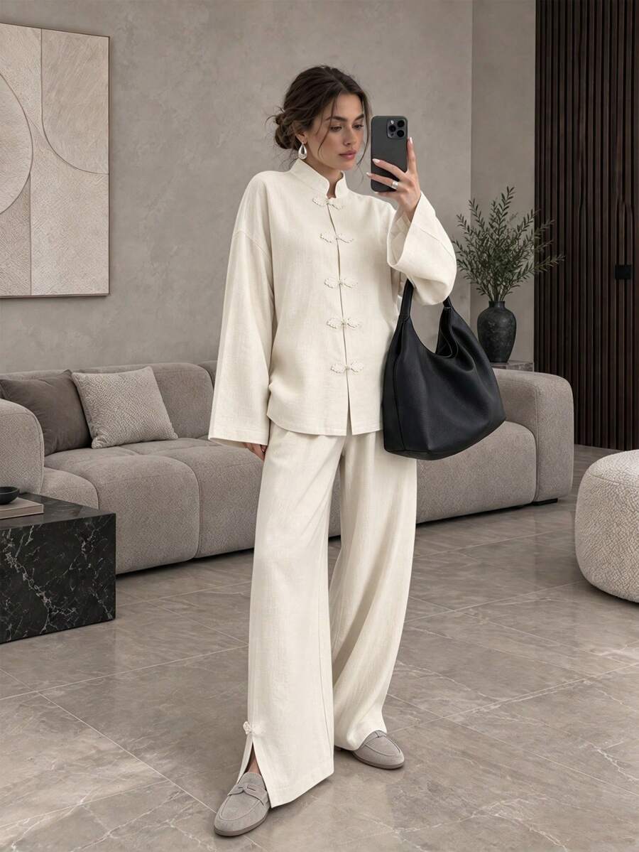 Women Fall Elegant Casual Beige Mandarin Collar Frog Button Long Sleeve Jacket & Pants Two Pieces Set For Daily Going Out Vacation - Apricot - View 1