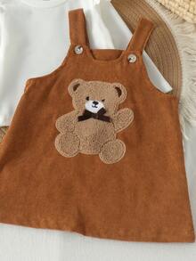 2pcs Baby Girl Cute Casual Long Sleeve Ribbed Top & Bear Pattern Embroidered Corduroy Overall Dress Set, Thin Spring/Autumn - Khaki - View 6
