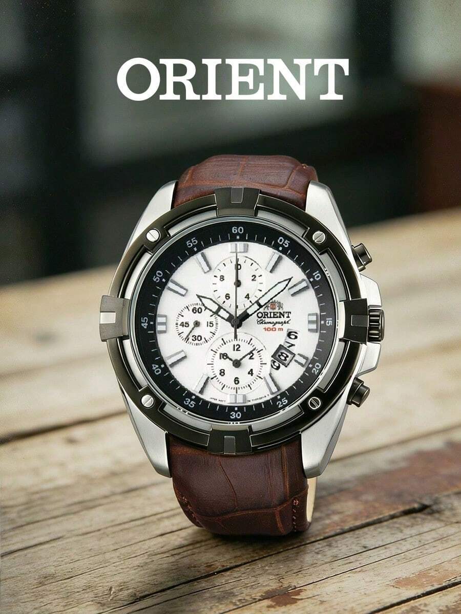 Men's Chronograph Quartz Watch, Crocodile Embossed Brown Leather Strap, Panda White Dial With Multi-Function Sub-Dials, Rugged Dual-Tone Bezel, Racing Sports Watch - White - View 1