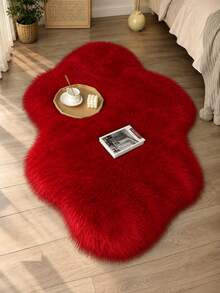 1pc Red Irregular Long Plush Rug, Soft Fluffy Cloud Shaped Bedroom Bedside Carpet, Living Room Sofa Coffee Table Decorative Mat, Cozy Modern Home Decor Rug, Cutting Error 1-5cm, Bedroom Bed End Rug, Nordic Ins Style Decoration, Small Rug, Carpet, Home Decor, Living Room Rug, Bedroom Rug, Living Room Home Decor, Washable Rug, Fur Rug, Autumn/Winter Rug - Red - View 3