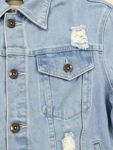 Men's Loose Light Blue Denim Jacket, Distressed Ripped Regular Fit, Button Front Closure, Flap Pockets, Vintage Rock Style Casual Streetwear - Baby Blue - View 4