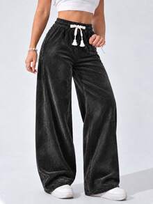 Women Black Wide Leg Sweatpants High Waist Elastic Drawstring Loose Casual Straight Leg Trousers - Black - View 6