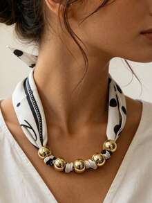 1pc Gold Beaded Polka Dot Scarf Necklace, Layered Silk Scarf Fashion Collarbone Chain With Metal Beads, Polka Dot Colorful Elegant Women's Necklace, French Vintage Party Accessory - Polka Dot Silk Scarf - View 7