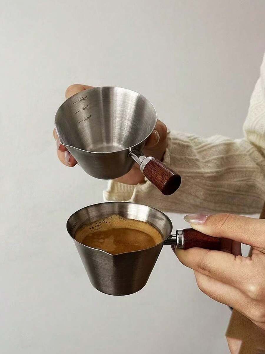 1pc Walnut Handle Espresso Measuring Cup Stainless Steel With Scale Small Milk Pitcher Coffee Liquid Extraction Receiving Cup - Silver - View 1