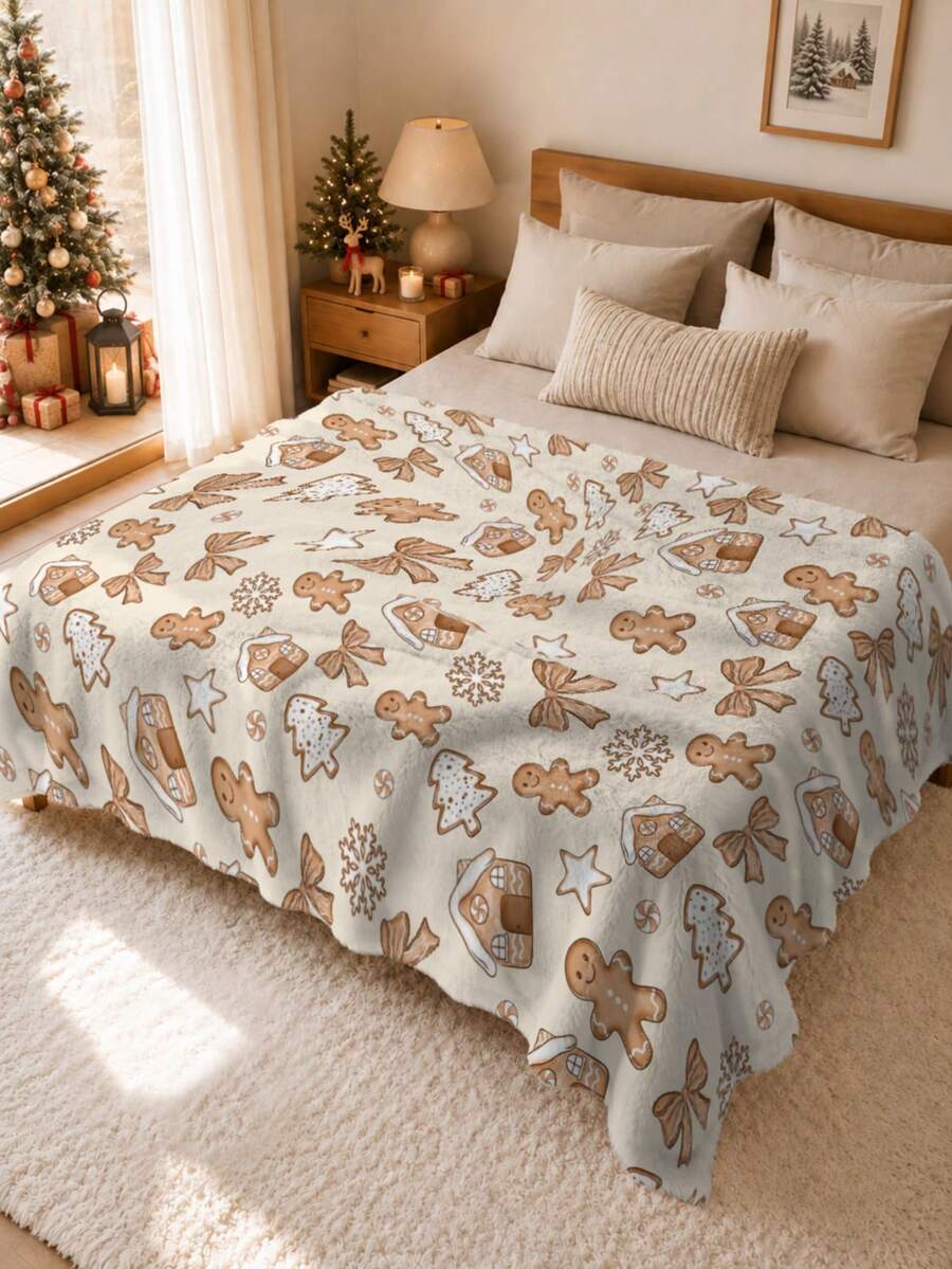 1pc Christmas Gingerbread House Snowflake Pattern Flannel Printed Throw Blanket - Soft And Comfortable, All-Season Use, Suitable For Sofa, Bed, Car, Office, Camping And Travel, Gift Blanket For Holiday Decoration - Multicolor - View 1