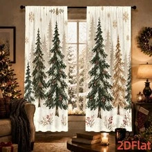 2D Flat 2-Piece Set Christmas Tree Snowy Landscape Print Curtains, Snowflake & Berry Winter Holiday Decor, Vibrant Digital Print, Rustic Forest Theme, All-Season Universal Curtains For Home Living Room, Bedroom, Kitchen, Cabinet - A - View 3