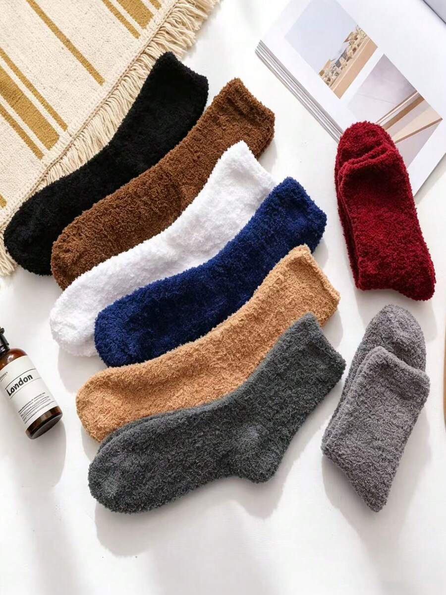 1/5/8 Pairs Randomly Sent Men's Winter Coral Fleece Socks, Thickened Warm Home Floor Socks, Mid-Calf Sleep Socks - Multicolor - View 1