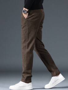 Men's Elastic Waist Solid Color Slanted Pocket Casual Long Pants - Coffee Brown - View 3