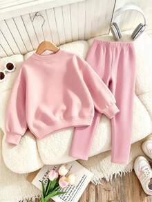 Set 2pcs/Set Sweatshirt Leher Bulat dan Legging untuk Anak Perempuan, Sweatshirt Leher Bulat Motif Hati Tiga Warna + Legging, Cocok untuk Musim Gugur/Dingin, Gaya Kampus, Pakaian Acara Pulang Kampung - MultiWarna - View 4