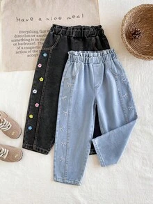 2pcs/Set Girls' Spring/Autumn Bow & Floral Embroidered Denim Jeans, Casual Vacation Wear, Elastic Waist Long Pants - Multicolor - View 1