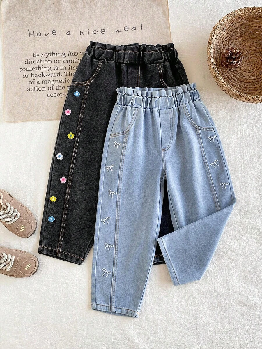 2pcs/Set Girls' Spring/Autumn Bow & Floral Embroidered Denim Jeans, Casual Vacation Wear, Elastic Waist Long Pants - Multicolor - View 1
