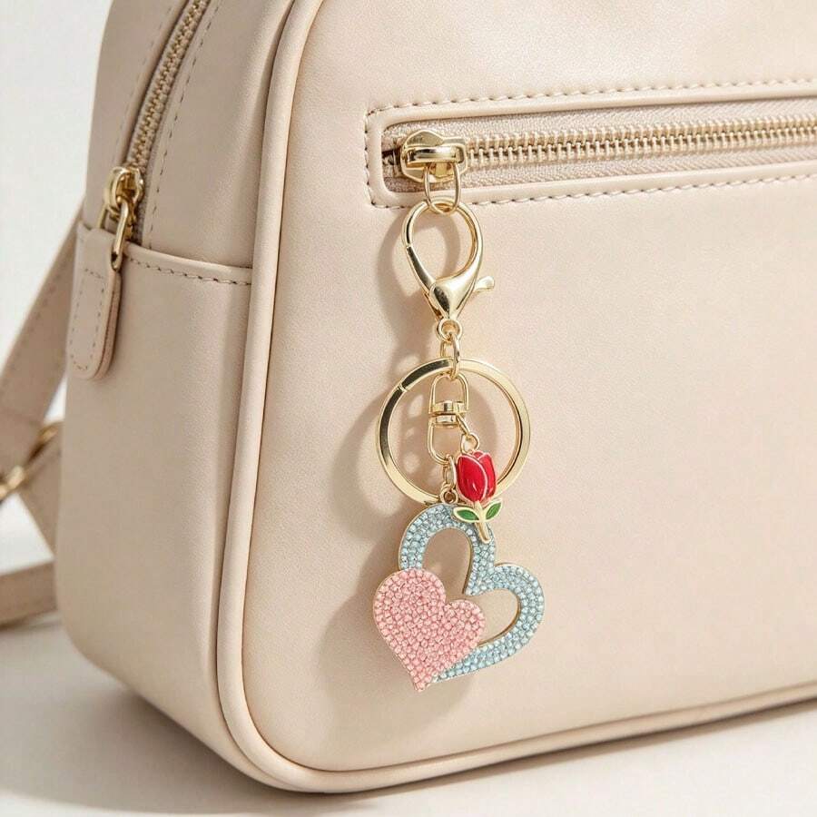 1pc Romantic Pink Heart-Shaped Rose Keychain, Cute Key Holder, Anti-Loss, Backpack Decoration - Pink and Blue Heart - View 1