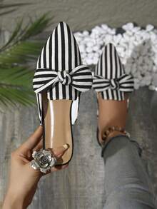 Women's Striped Bow Pointed Toe Mule Slippers, Flat Closed Toe Half-Slip Outdoor Shoes - Black and White - View 6